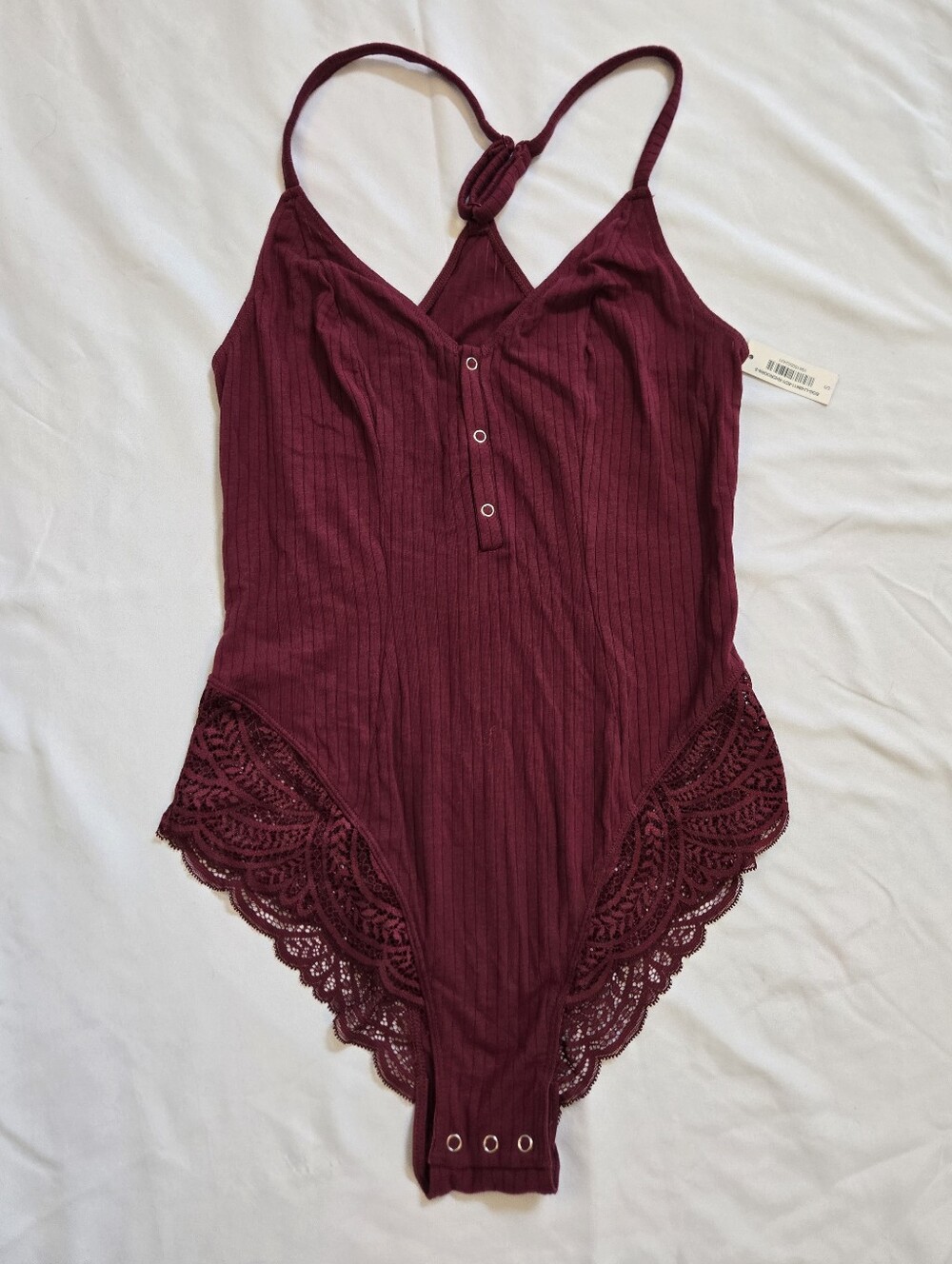 Adore Me Ribbed Lace-Trim Bodysuit - Wine